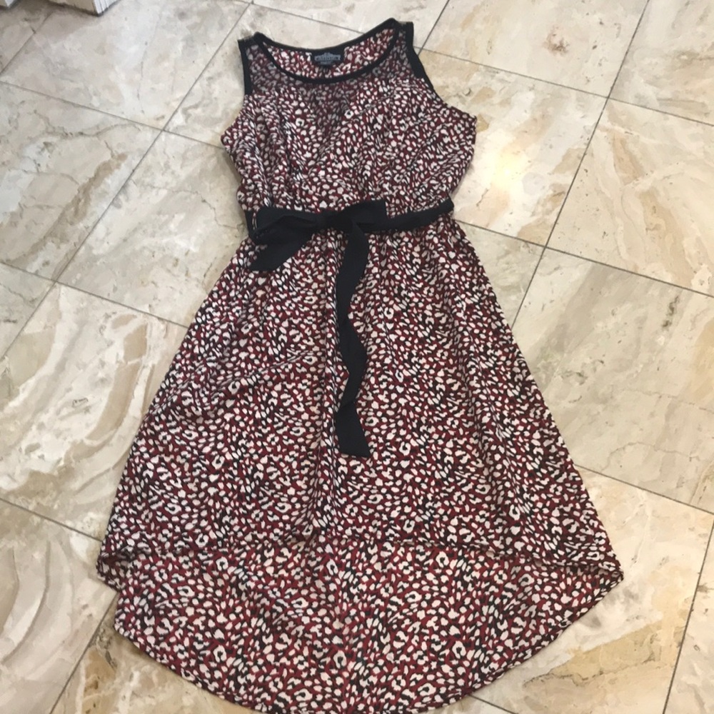 Red and black printed dress with bow detail, medium.
